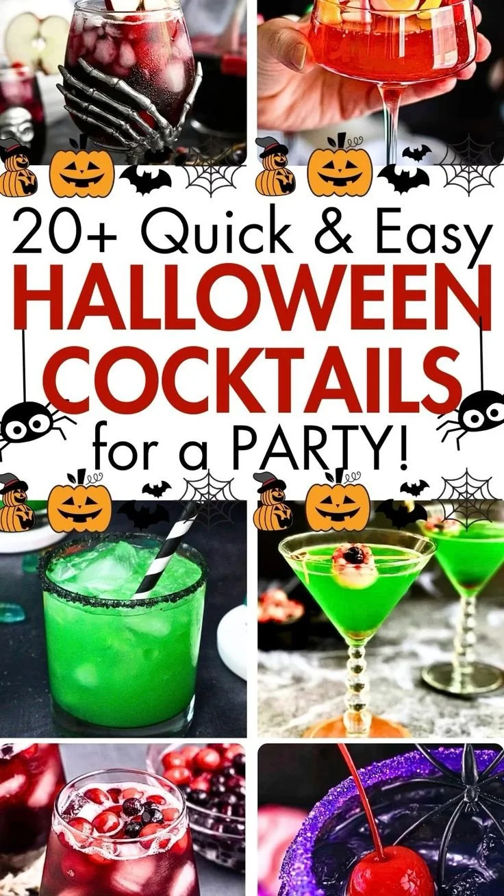 Colorful Halloween cocktails ready for a spooky party celebration.