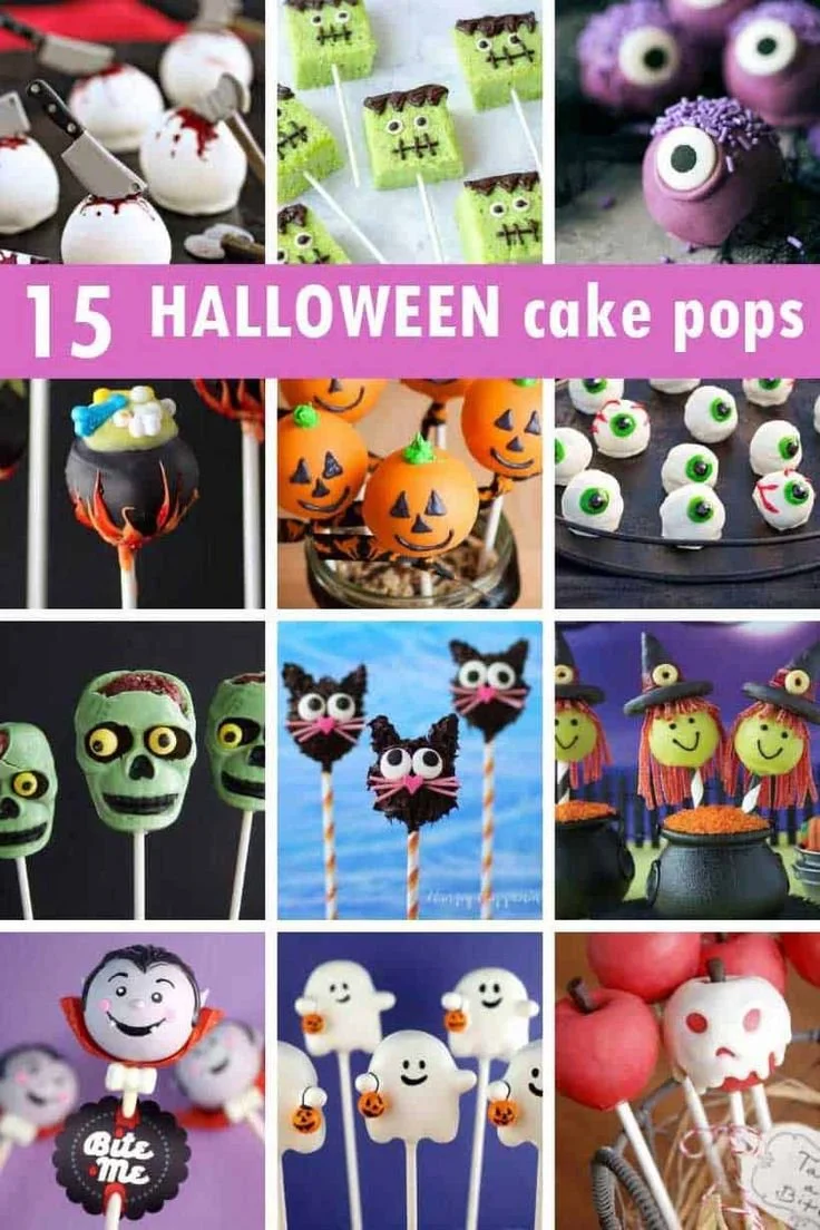 Colorful Halloween cake pops in various spooky designs for festive treats.