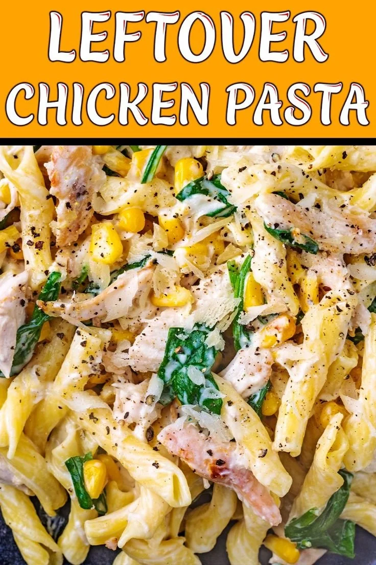 Quick cooking leftover chicken pasta with fresh ingredients in a bowl