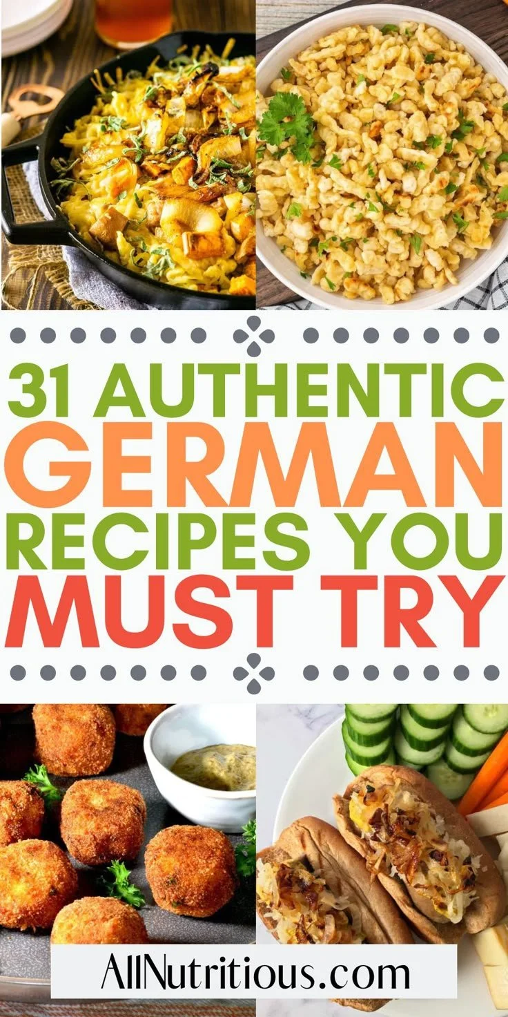 Delicious spread of authentic German recipes including traditional meats and side dishes.