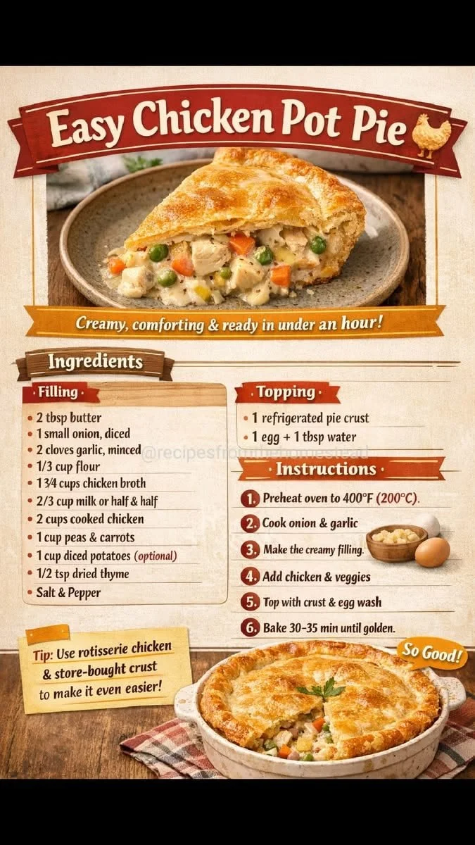 Easy chicken pot pie with golden crust and creamy filling, perfect for busy weeknights