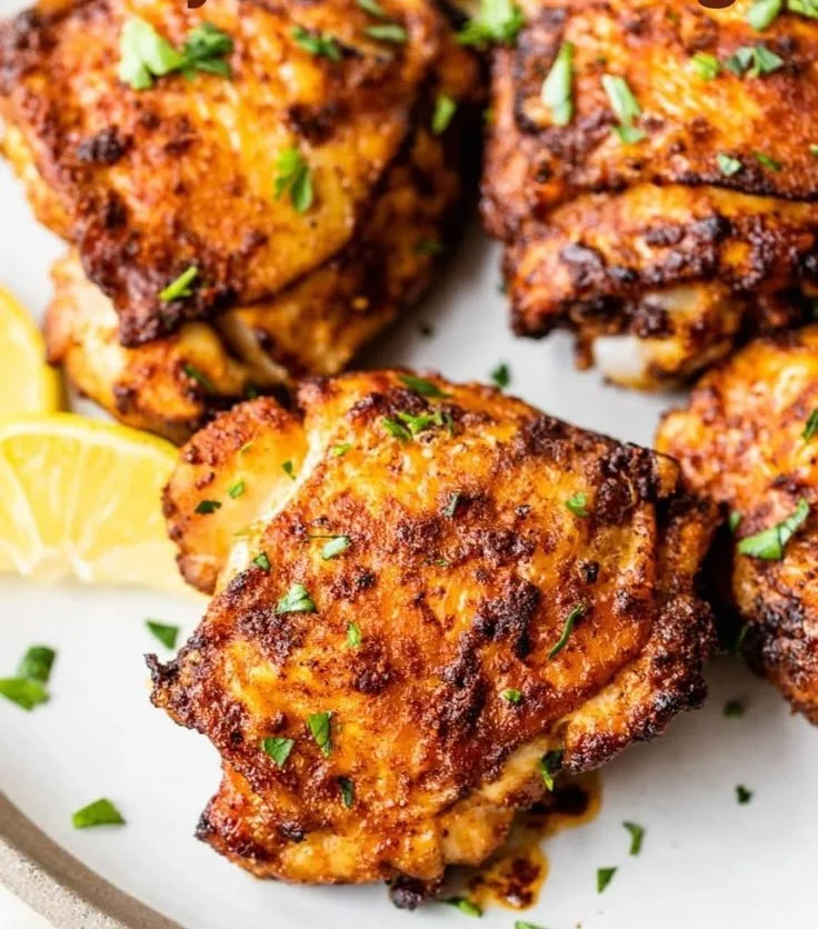 Crispy air fryer chicken thighs garnished with herbs on a plate