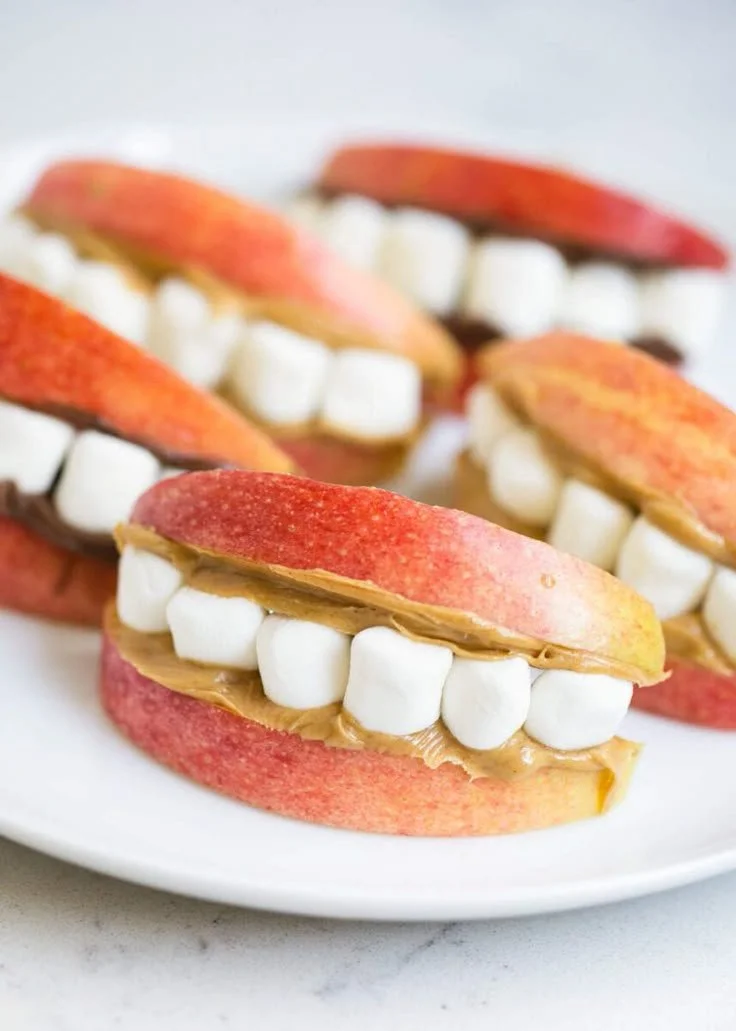 Apple peanut butter teeth Halloween snack for kids party