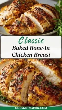 Juicy baked bone-in chicken breast served on a plate with herbs.