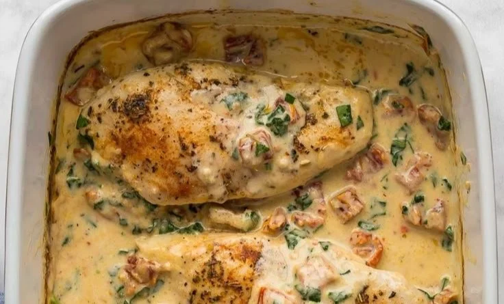 Baked Tuscan Chicken Breast garnished with herbs and tomatoes
