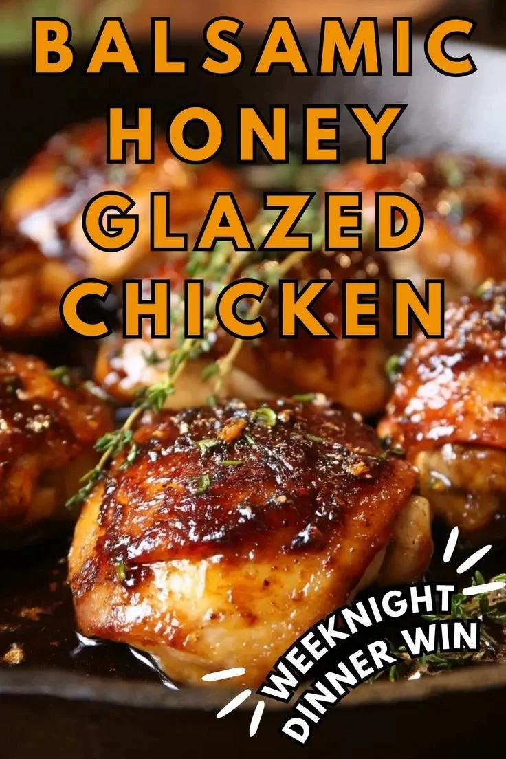 Balsamic honey glazed chicken served on a plate with vegetables