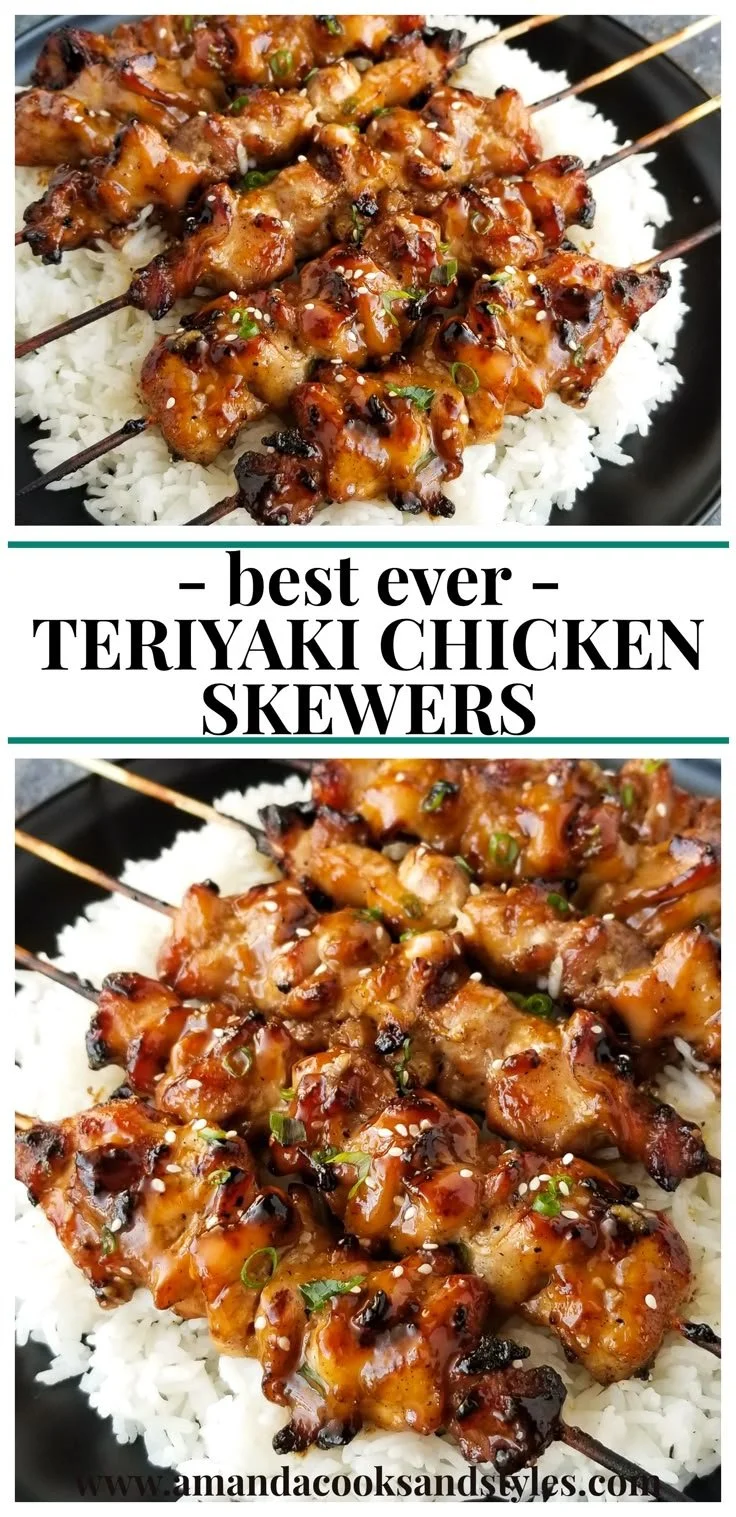 Delicious teriyaki chicken skewers garnished with sesame seeds