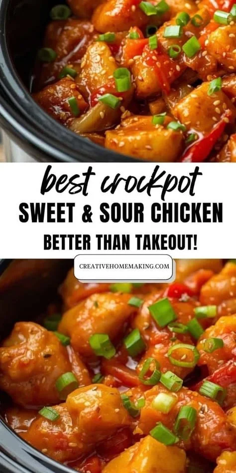 Delicious slow cooker sweet and sour chicken served with rice and vegetables