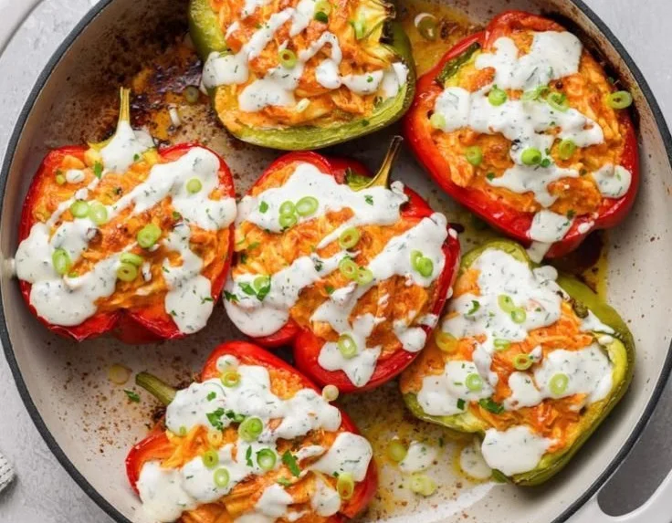 Buffalo Chicken Stuffed Bell Peppers topped with cheese and garnished with herbs