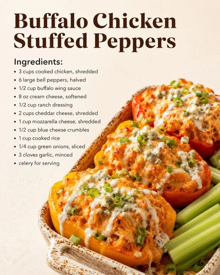 Buffalo chicken stuffed peppers with ranch dressing served on a plate