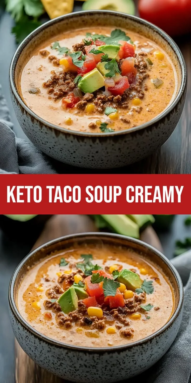 Creamy keto taco soup made without carbs, garnished with cilantro and avocado.