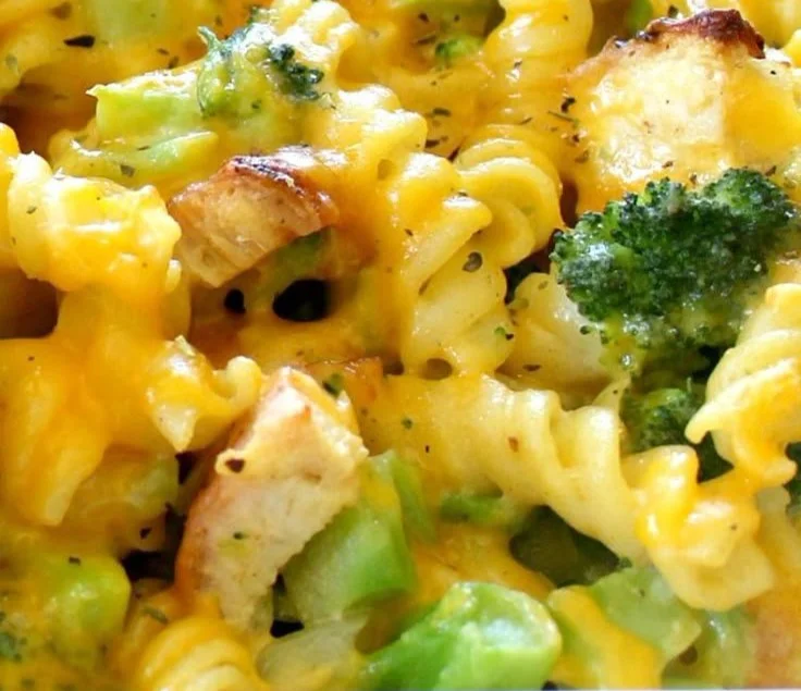 Cheesy broccoli chicken noodle casserole baked to perfection