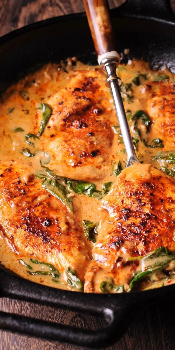 Plate of chicken and spinach in creamy paprika sauce garnished with herbs.