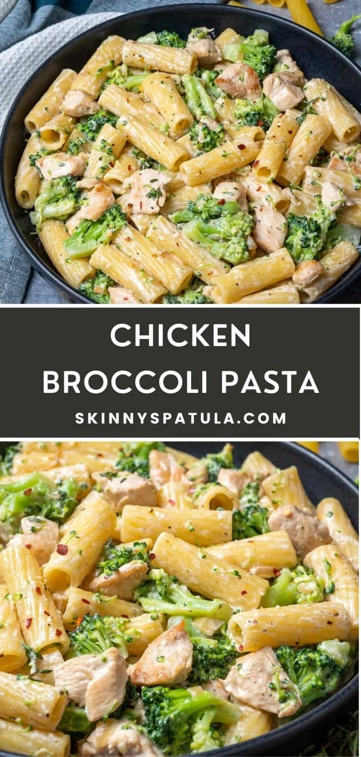 Healthy Chicken Broccoli Pasta served in a bowl with fresh ingredients.