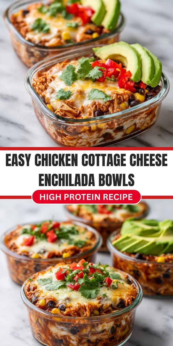 High-protein chicken cottage cheese enchilada bowls ready for meal prep.