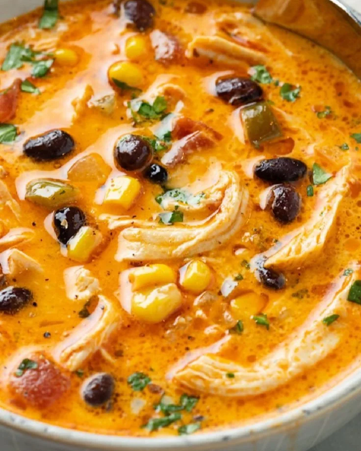 Delicious bowl of Chicken Enchilada Soup topped with fresh cilantro and tortilla strips.