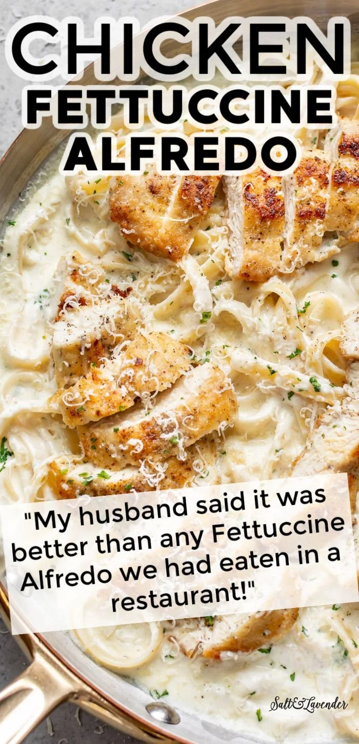Creamy Chicken Fettuccine Alfredo pasta dish with chicken and parmesan cheese