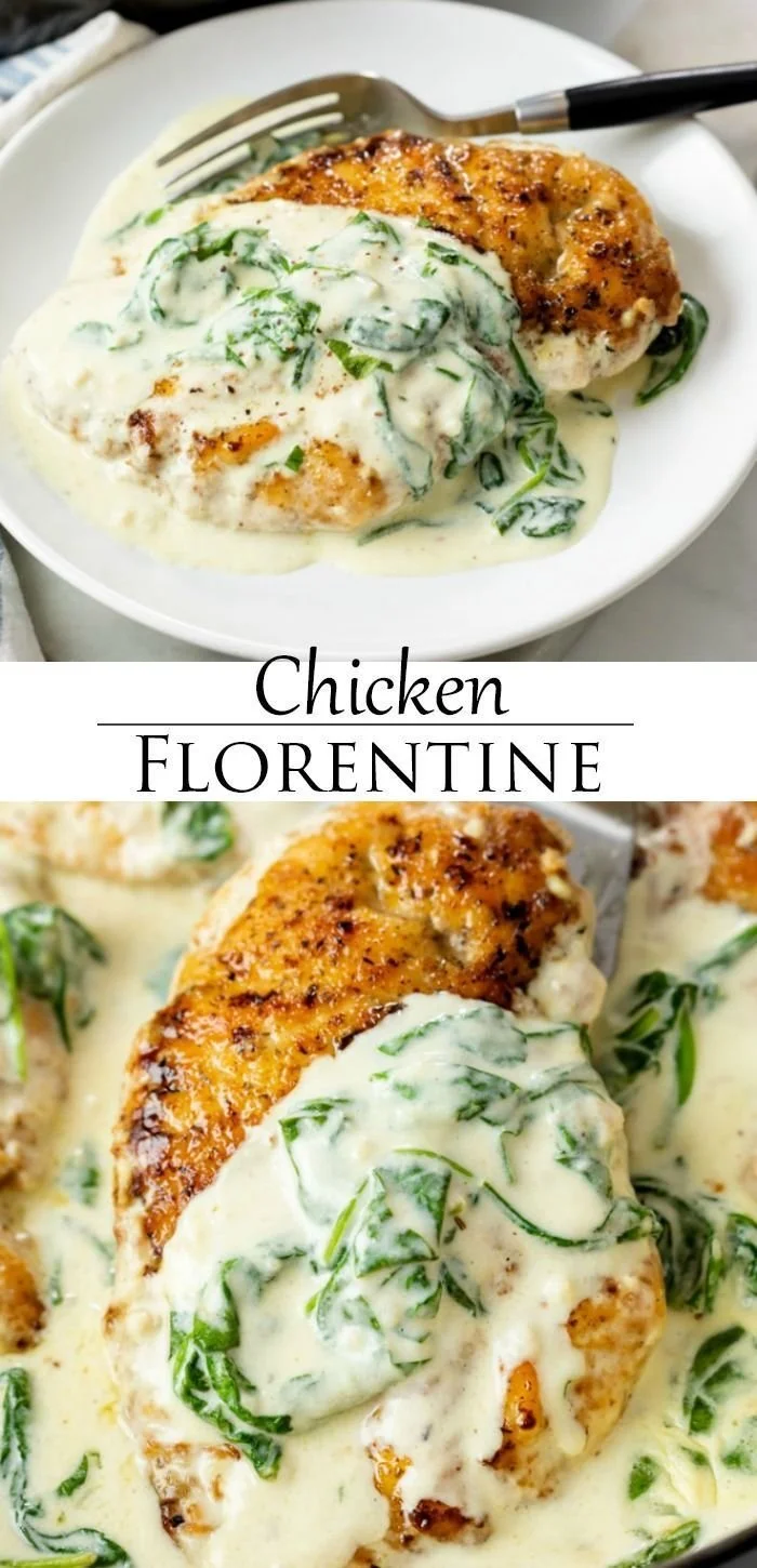 Delicious Chicken Florentine served with creamy spinach and cheese sauce