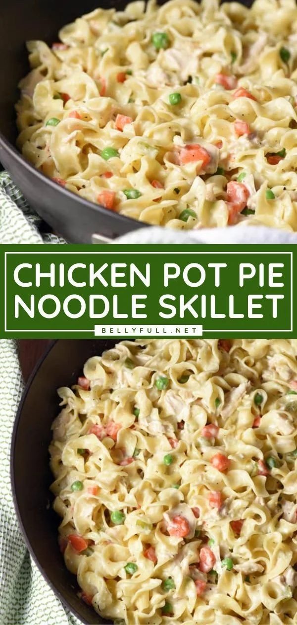 Chicken Pot Pie Noodle Skillet topped with fresh herbs and flaky pastry.