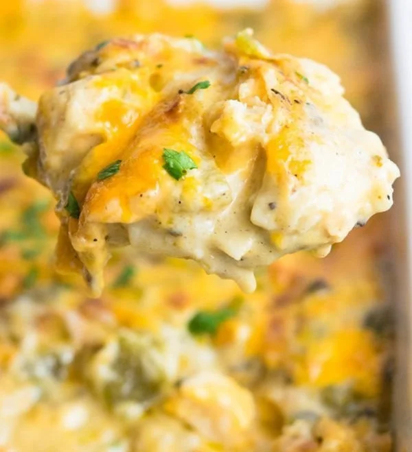 Delicious Chicken Tortilla Casserole served in a baking dish