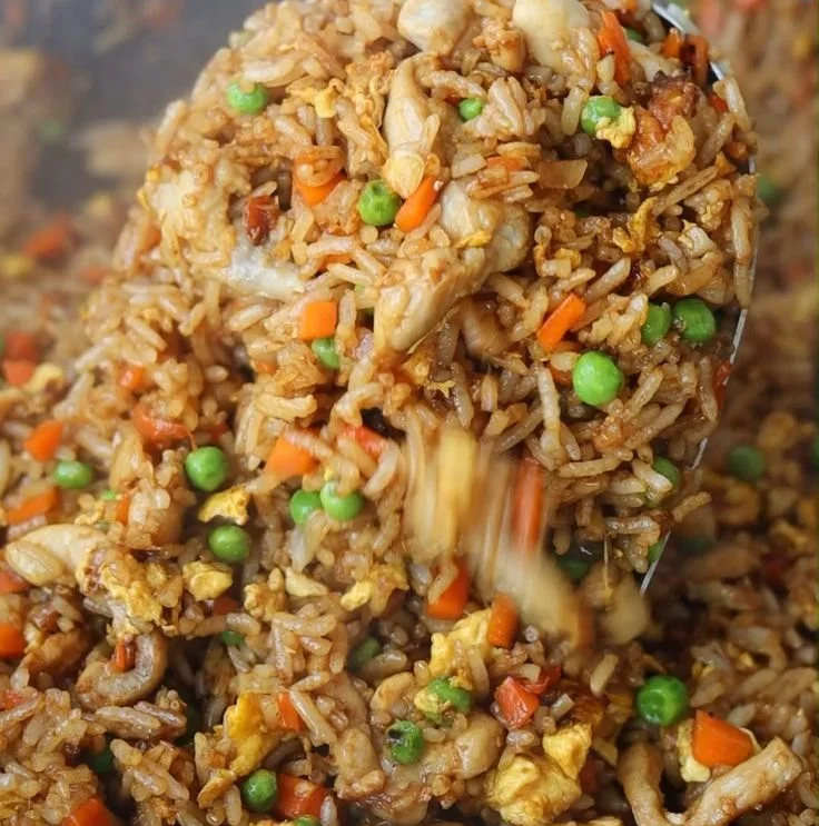 Delicious bowl of Chinese Chicken Fried Rice with colorful vegetables and chicken.