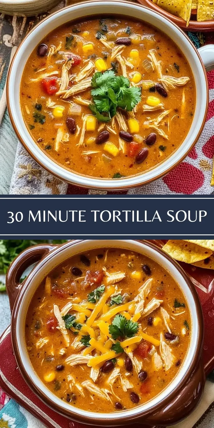 Bowl of delicious chicken tortilla soup topped with crispy tortilla strips and cilantro.