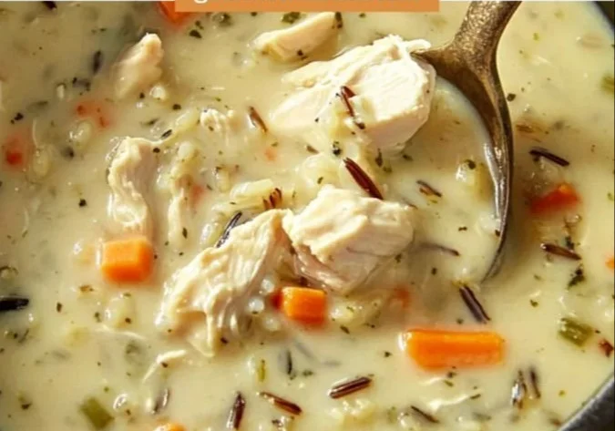 Bowl of copycat Panera chicken and wild rice soup topped with parsley