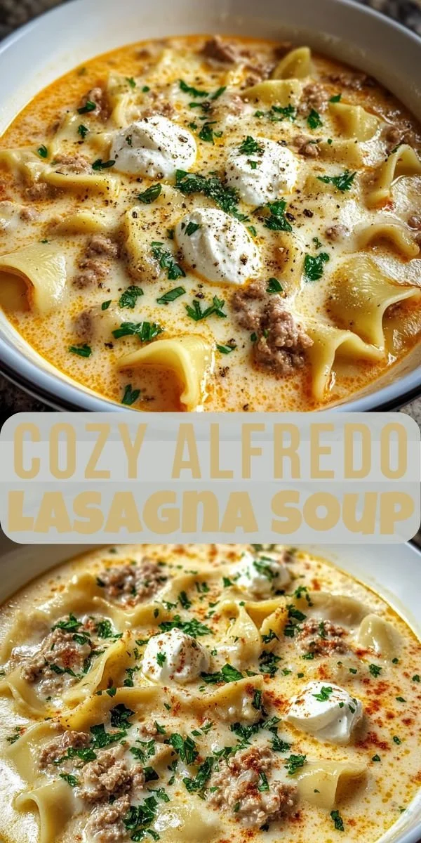 Delicious bowl of creamy Alfredo Lasagna Soup topped with cheese and herbs