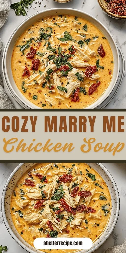 Bowl of cozy Marry Me Chicken Soup garnished with herbs and served with crusty bread