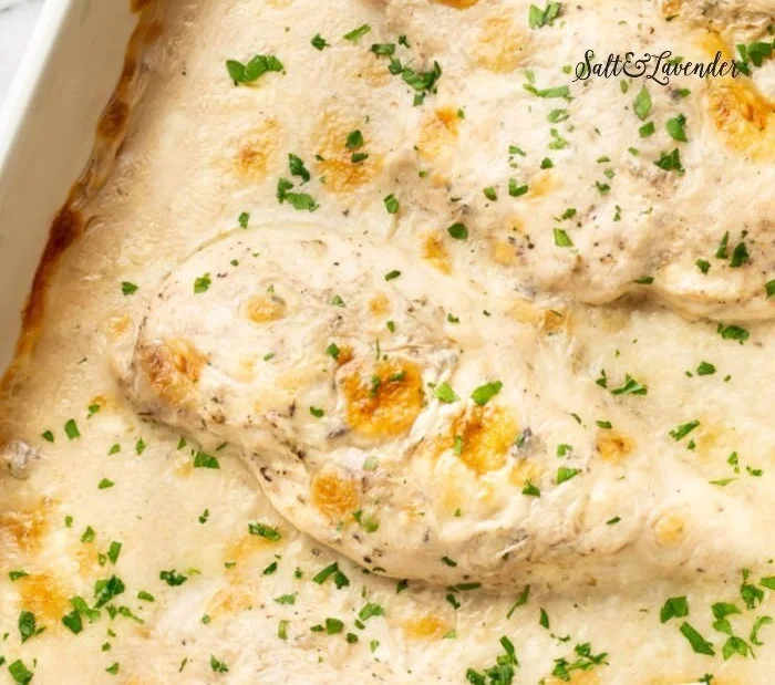Delicious cream of mushroom soup chicken bake in a baking dish