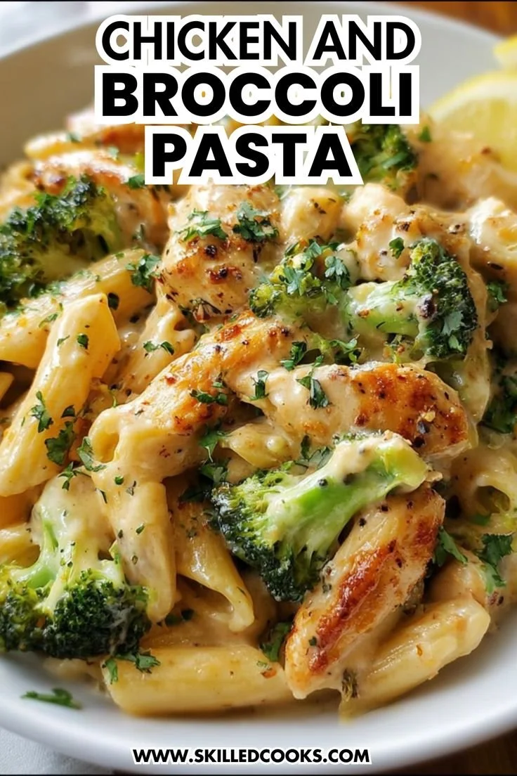 Creamy chicken and broccoli pasta served in a bowl, topped with parmesan cheese.