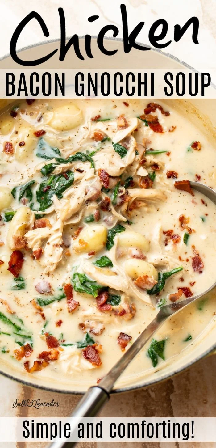 Creamy chicken bacon gnocchi soup in a bowl with fresh herbs on top