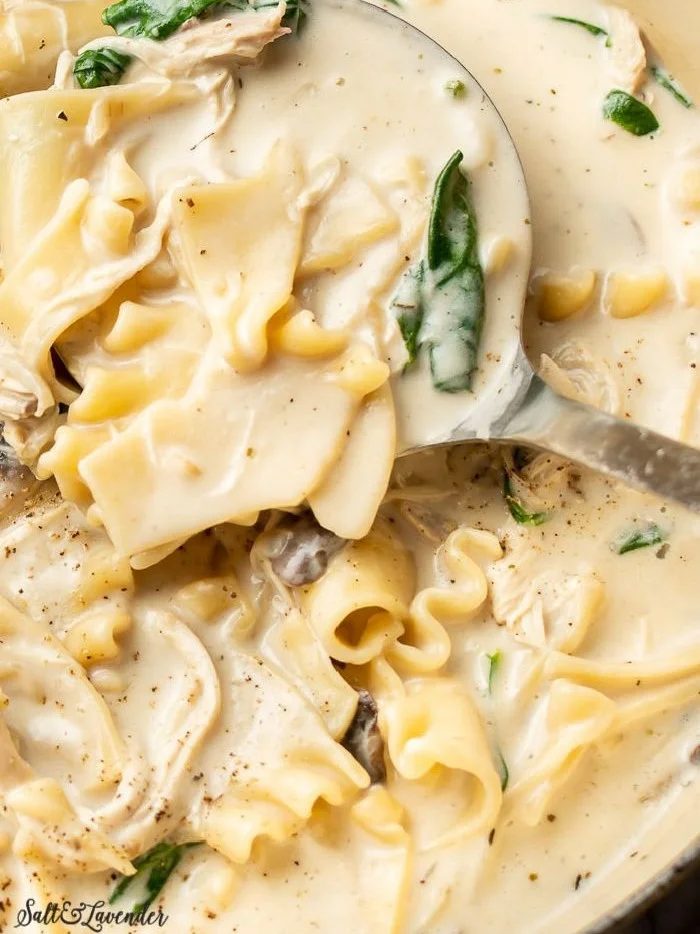 Bowl of creamy chicken lasagna soup with pasta and herbs