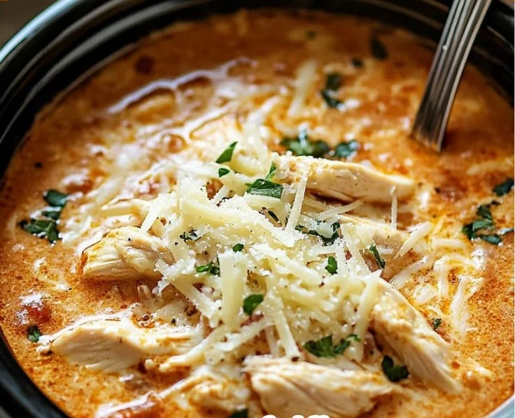 Bowl of creamy Chicken Parmesan Soup garnished with parsley and cheese