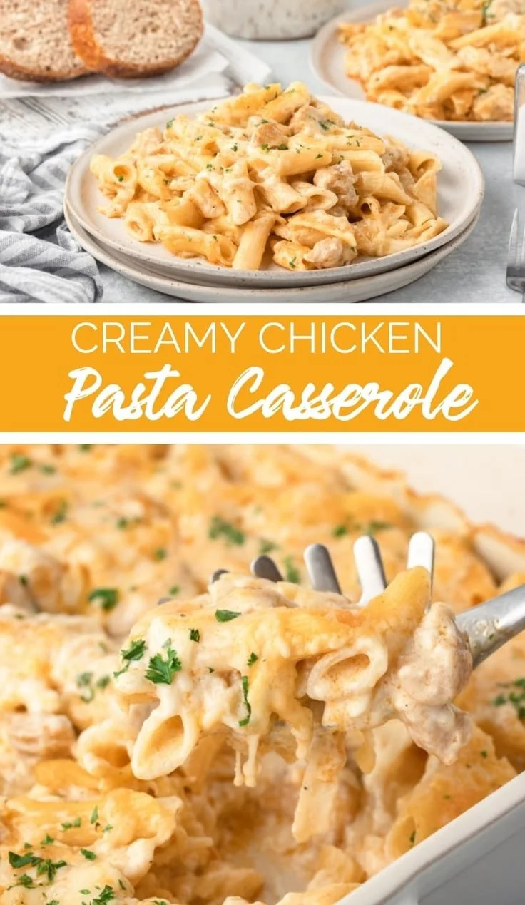 Creamy chicken pasta casserole dish served in a baking dish with herbs on top