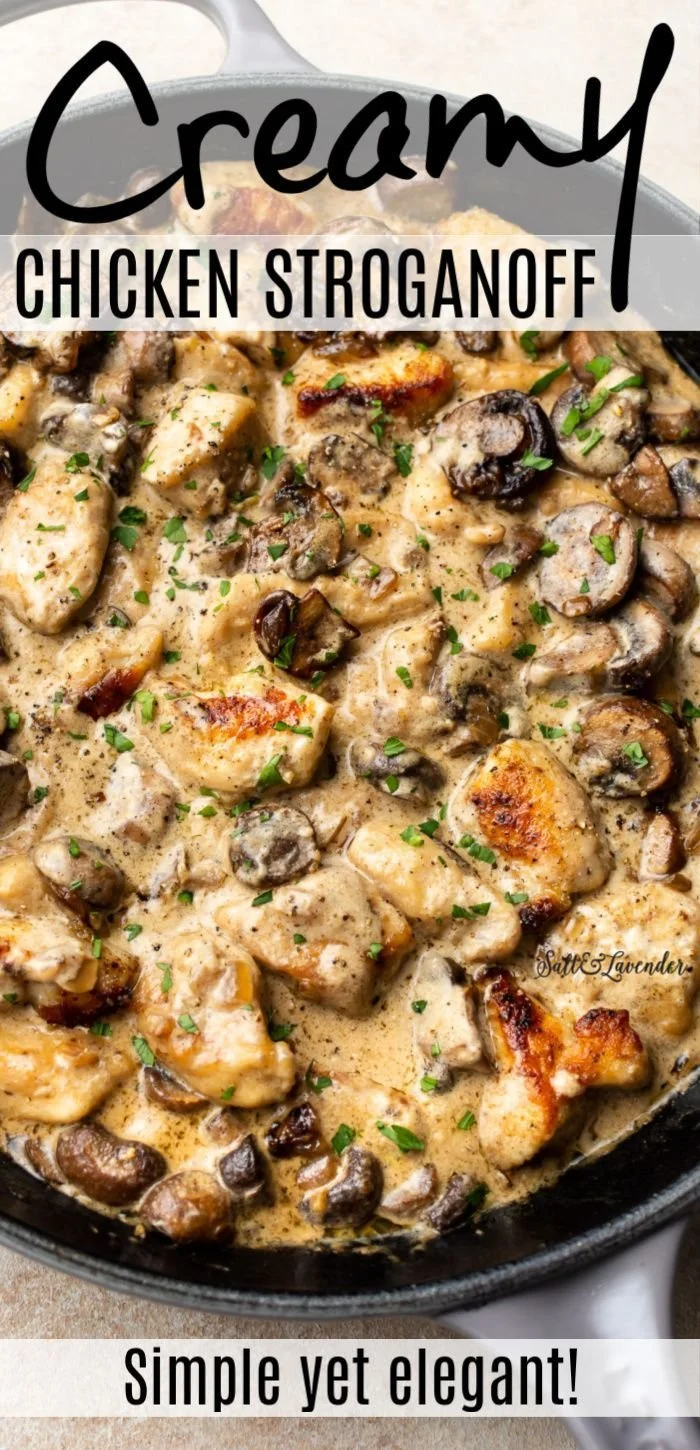 Creamy Chicken Stroganoff served in a bowl with fresh herbs on top