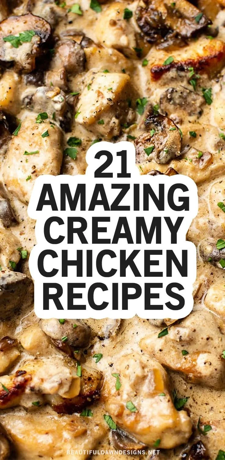 Creamy chicken stroganoff served on a plate with vegetables and herbs