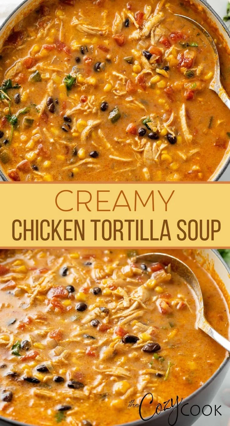 Bowl of creamy Chicken Tortilla Soup topped with tortilla strips and cilantro