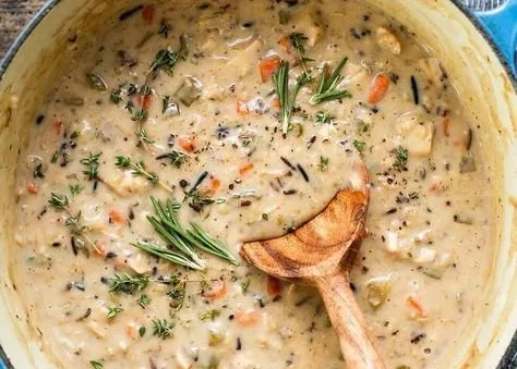 Bowl of creamy crockpot chicken wild rice soup, a comforting meal