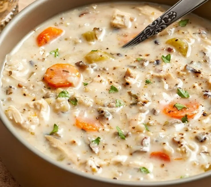 Creamy Crockpot Chicken Wild Rice Soup served in a bowl with fresh herbs