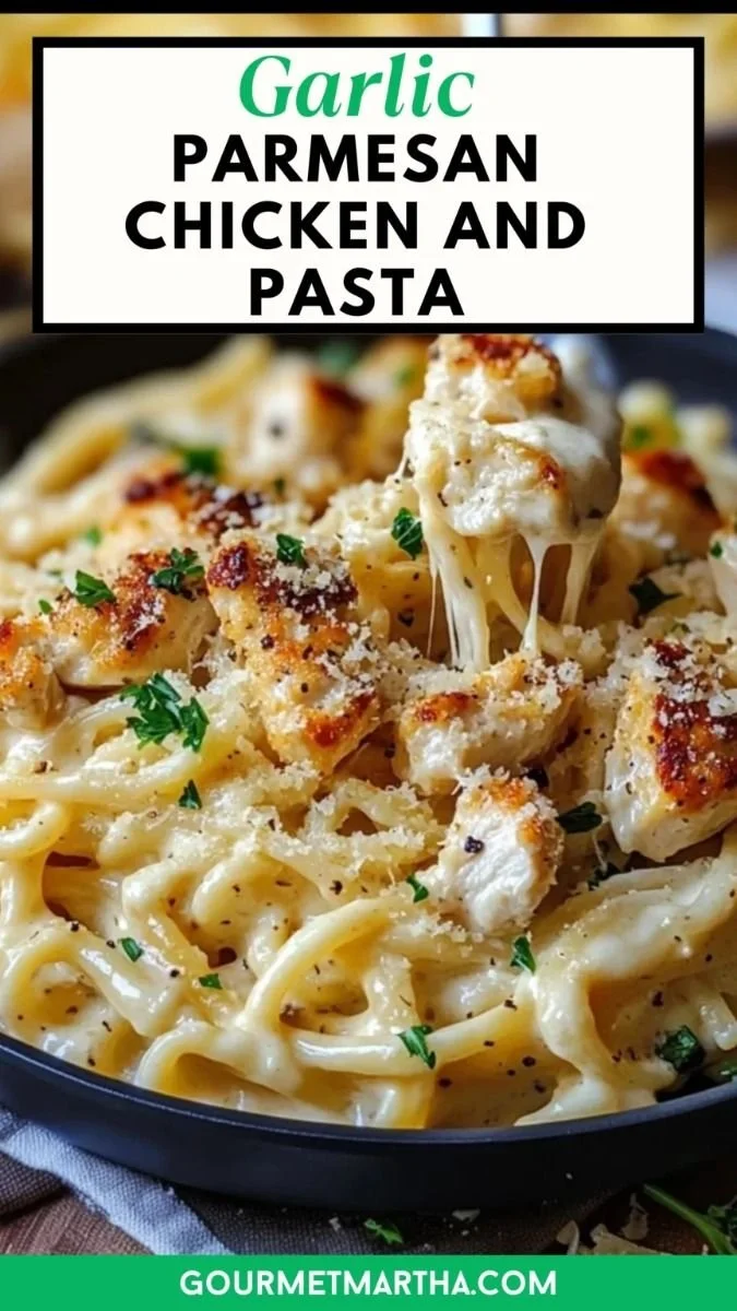 Creamy garlic parmesan chicken served with pasta in a delicious sauce