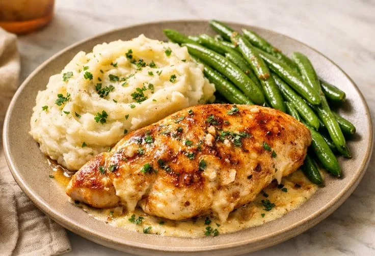 Creamy Garlic Parmesan Chicken Breast served on a plate with herbs and spices