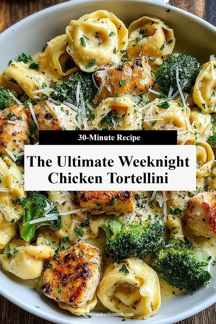 Creamy garlic Parmesan chicken tortellini served in a bowl with herbs on top.