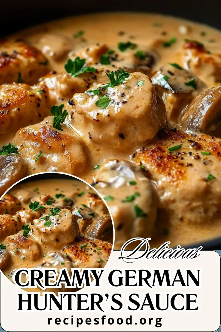 Creamy German Hunter’s Sauce served over delicious meat and vegetables