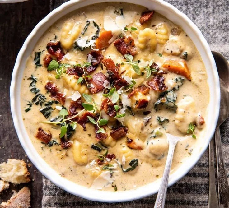 Creamy gnocchi soup with rosemary bacon in a bowl, garnished with herbs.
