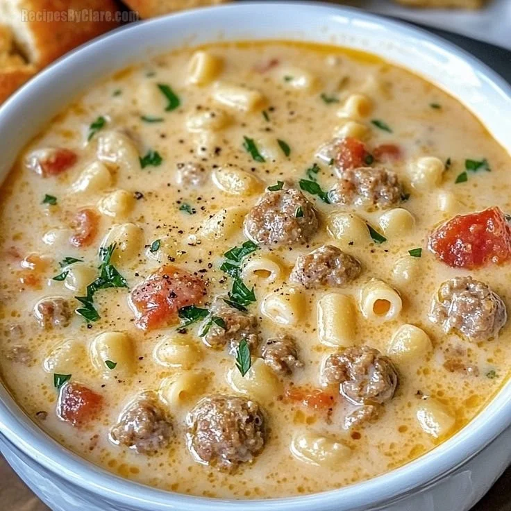 Creamy Italian sausage soup with ditalini and Parmesan garnish