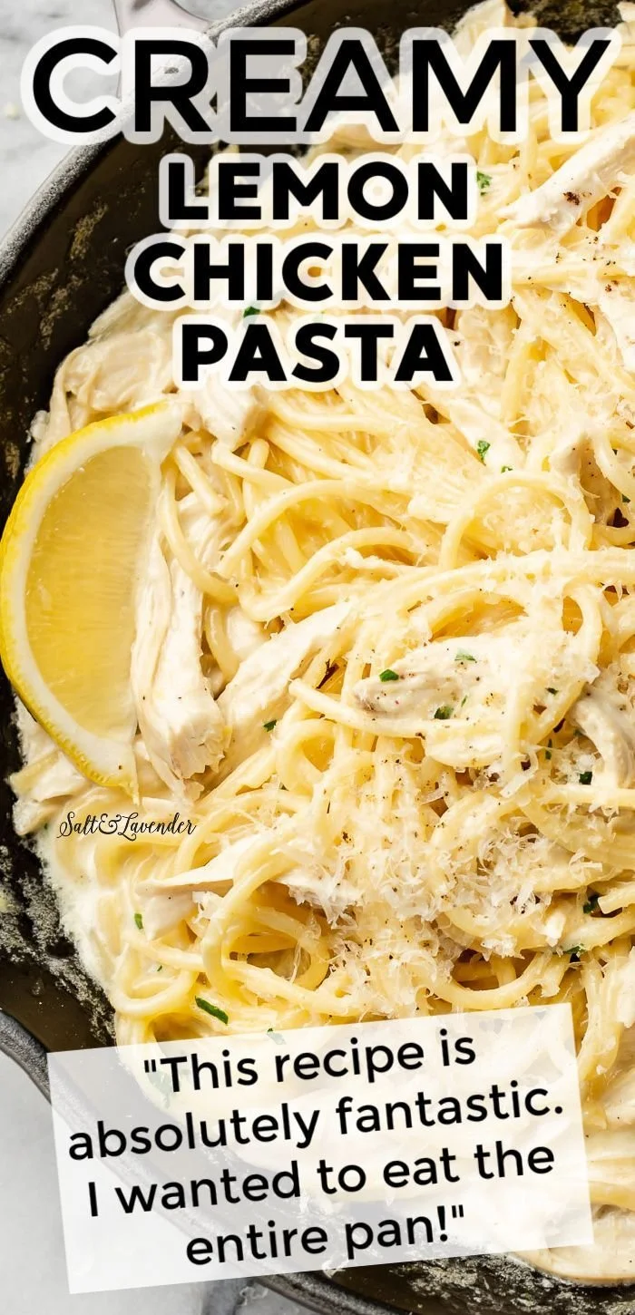 Plate of creamy lemon chicken pasta garnished with herbs and lemon slices