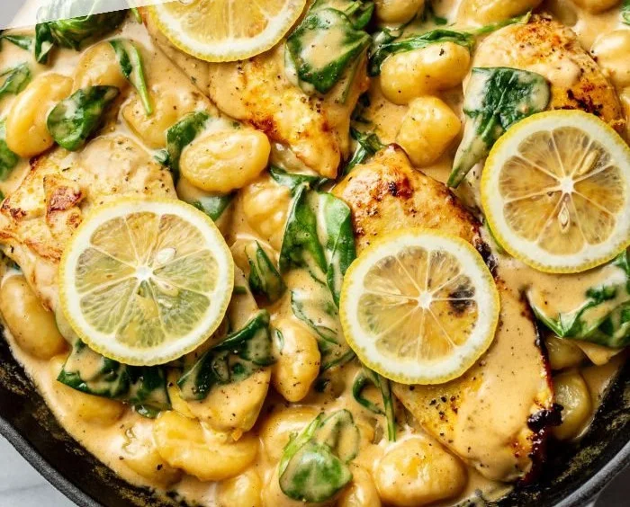 Creamy Lemon Parmesan Chicken Gnocchi in a bowl garnished with parsley