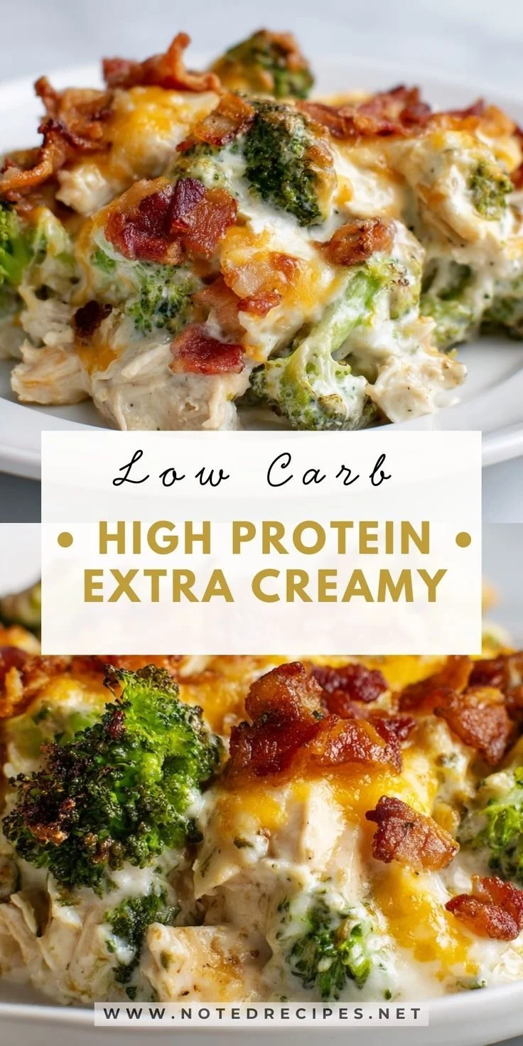 Creamy low carb chicken casserole dish with vegetables and cheese