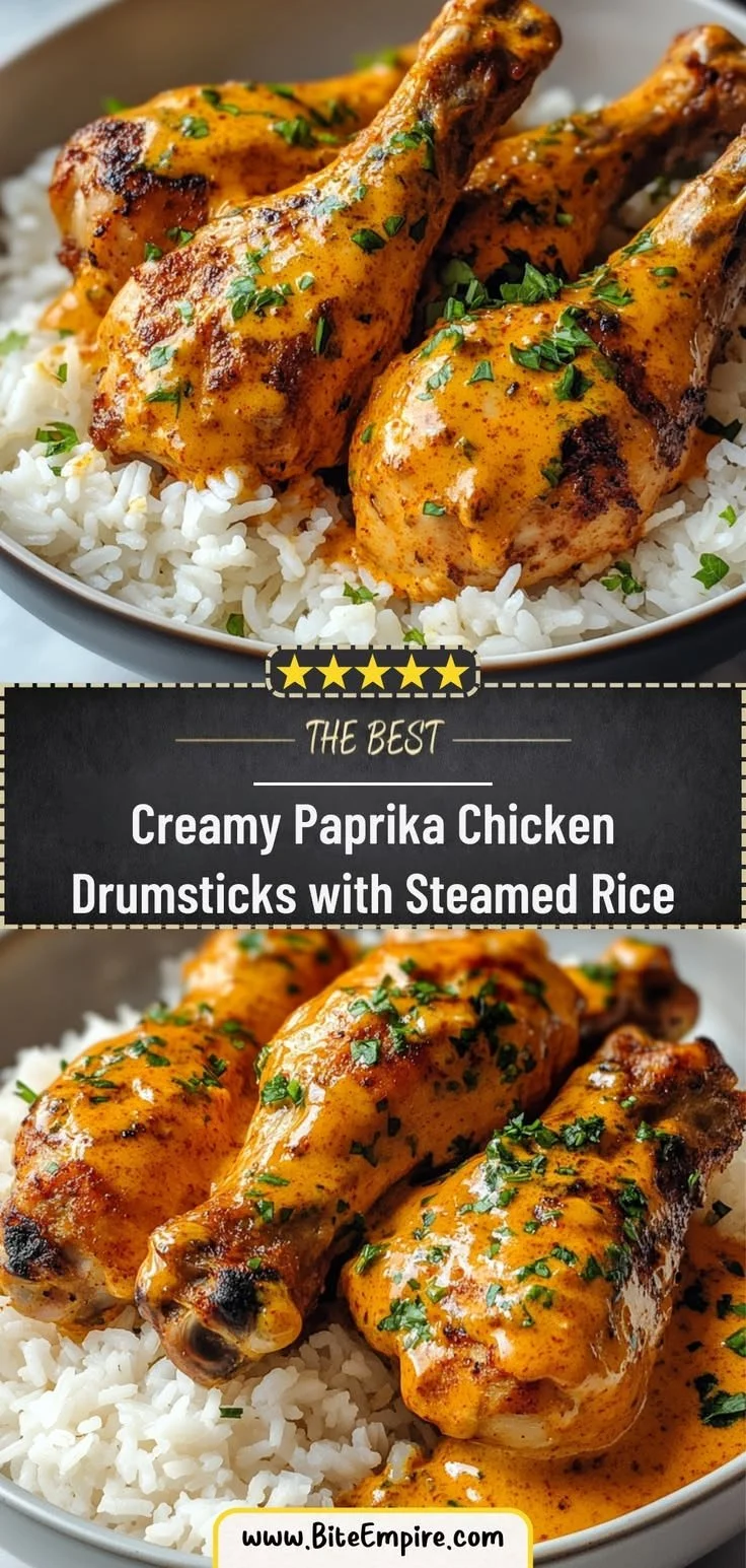Creamy Paprika Chicken Drumsticks with steamed rice on a plate
